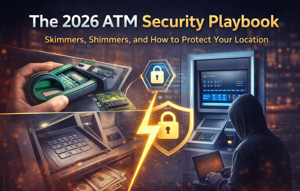 ATM security playbook cover showing skimmers, shimmers, cyber threats, and protected modern ATM machine