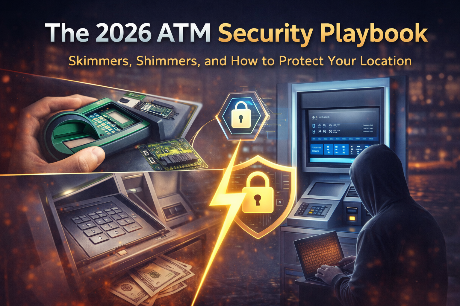 ATM security playbook cover showing skimmers, shimmers, cyber threats, and protected modern ATM machine