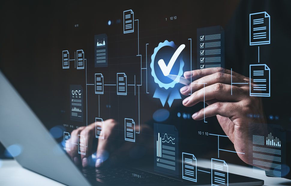Digital compliance verification concept with checklist approval icon and financial documents representing ATM operator compliance in 2026