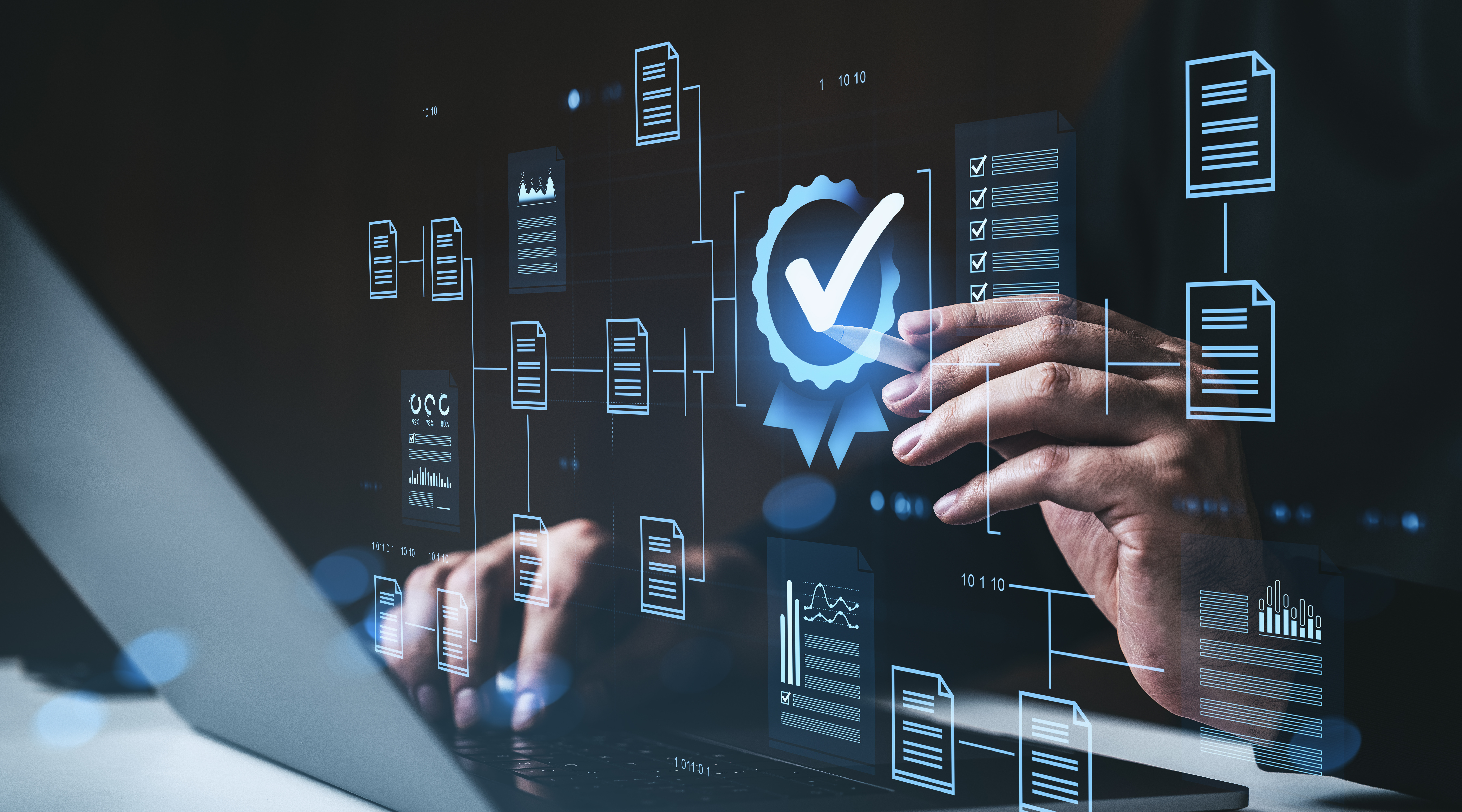 Digital compliance verification concept with checklist approval icon and financial documents representing ATM operator compliance in 2026