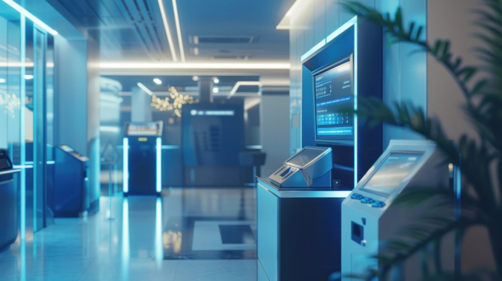 Modern contactless ATM machines inside a sleek financial lobby representing the future of ATMs in 2026