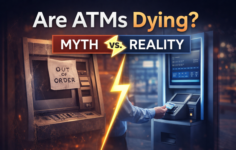 Are ATMs Dying myth vs reality blog cover showing outdated broken ATM contrasted with modern digital ATM