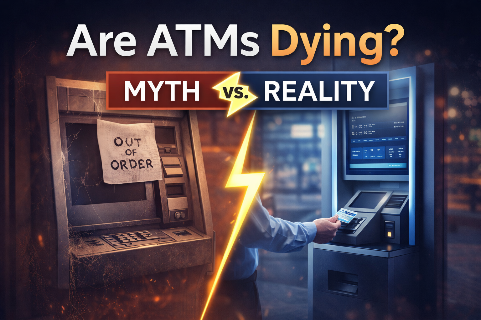 Are ATMs Dying myth vs reality blog cover showing outdated broken ATM contrasted with modern digital ATM